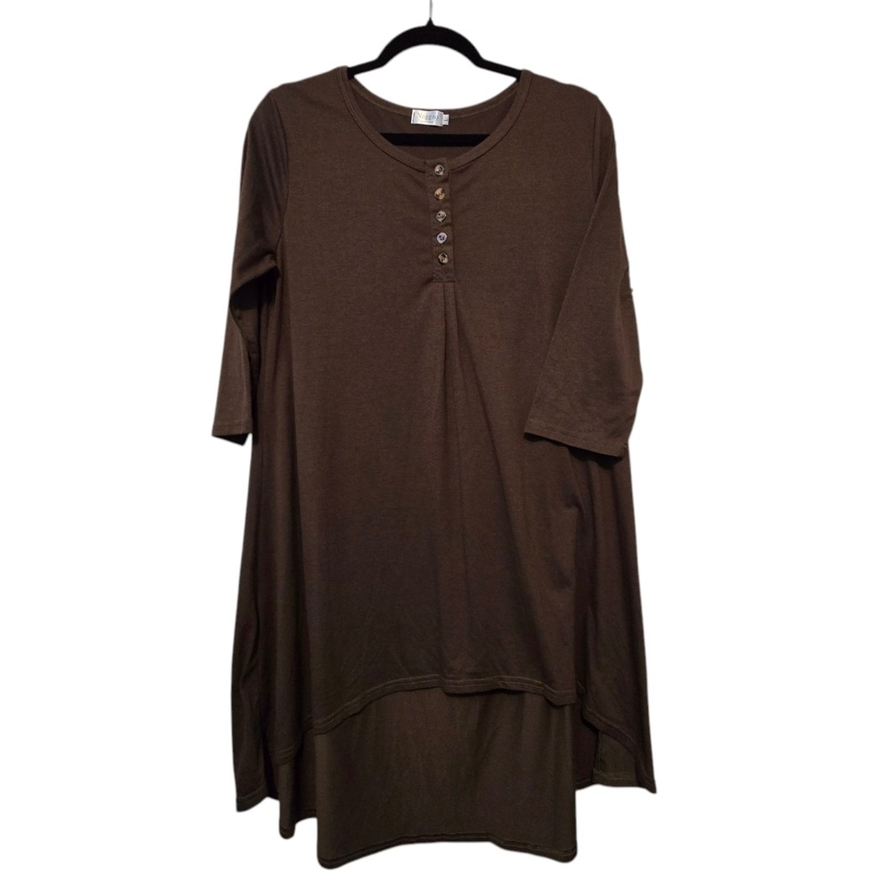 Nagoo Long Tunic Dress Womens LG Olive Brown Henley Hi-lo Lagenlook Artsy Boho